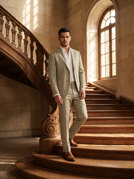 Sage Beige Silk Blend Groomsmen Suit — Custom Made to Measure - front view