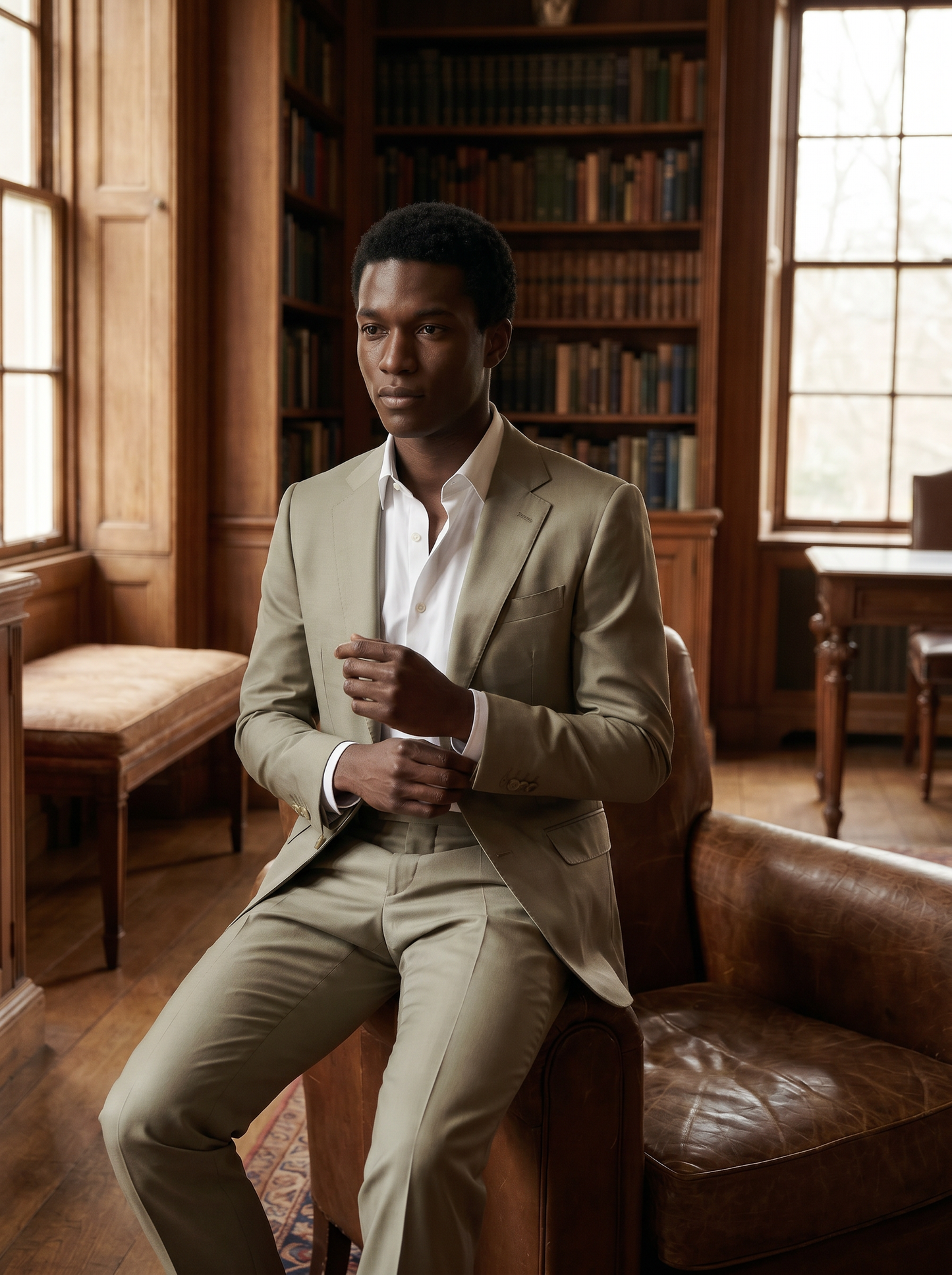 Sage Beige Silk Blend Suit — Custom Made to Measure - seated view