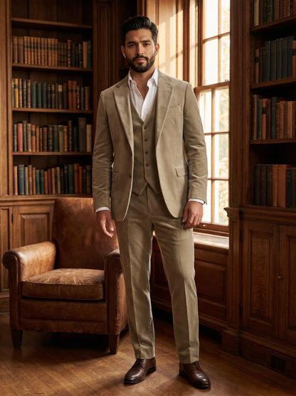 Sage Beige Velvet 3-Piece Suit — Custom Made to Measure - front view