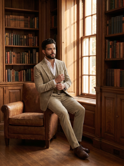 Sage Beige Velvet 3-Piece Suit — Custom Made to Measure - seated view