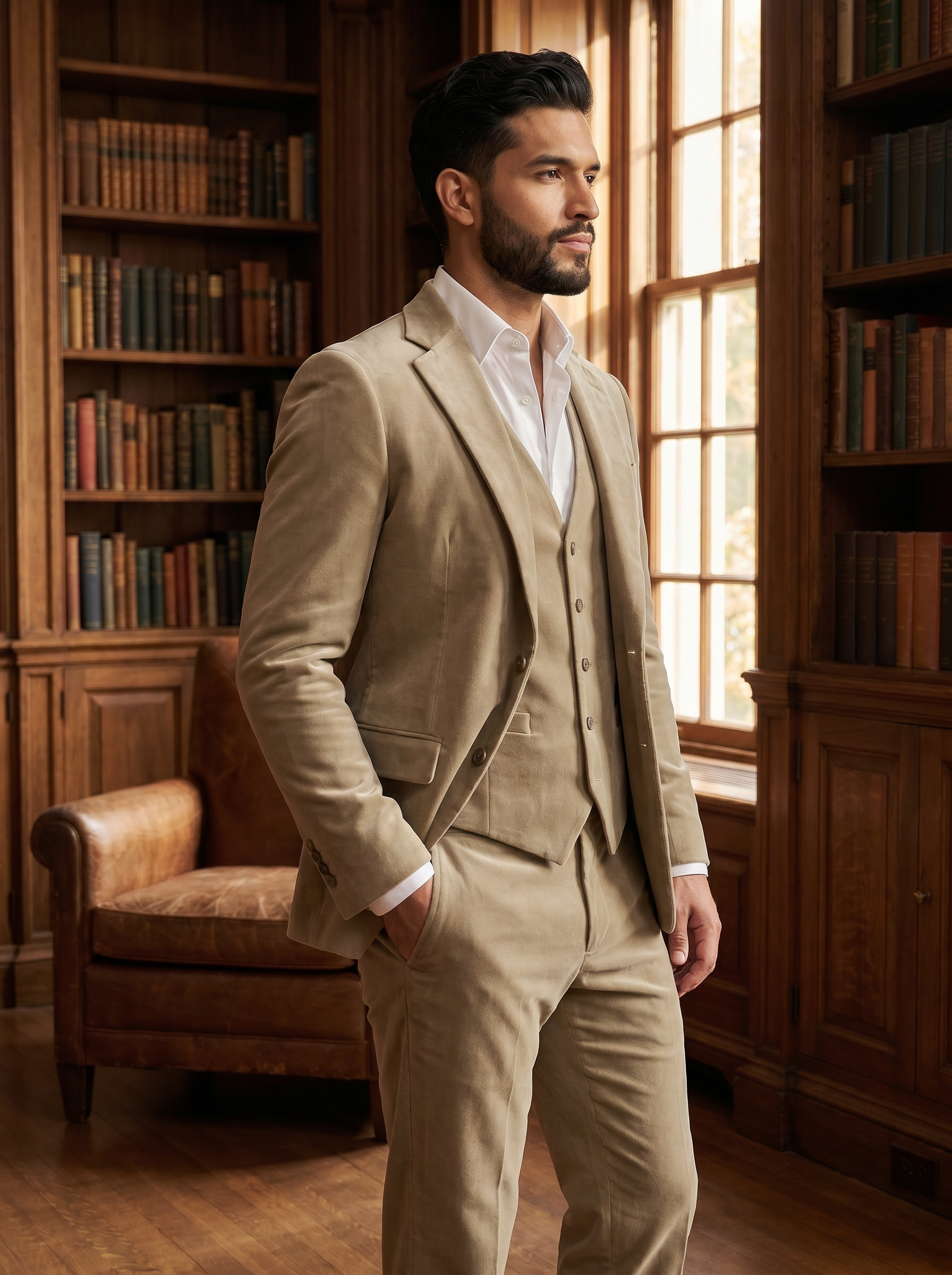 Sage Beige Velvet 3-Piece Suit — Custom Made to Measure - side view