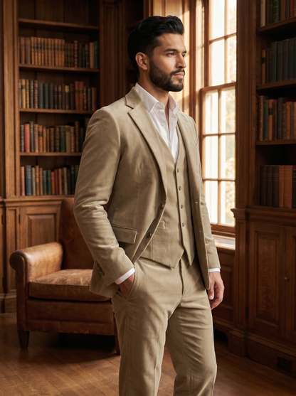 Sage Beige Velvet 3-Piece Suit — Custom Made to Measure - side view