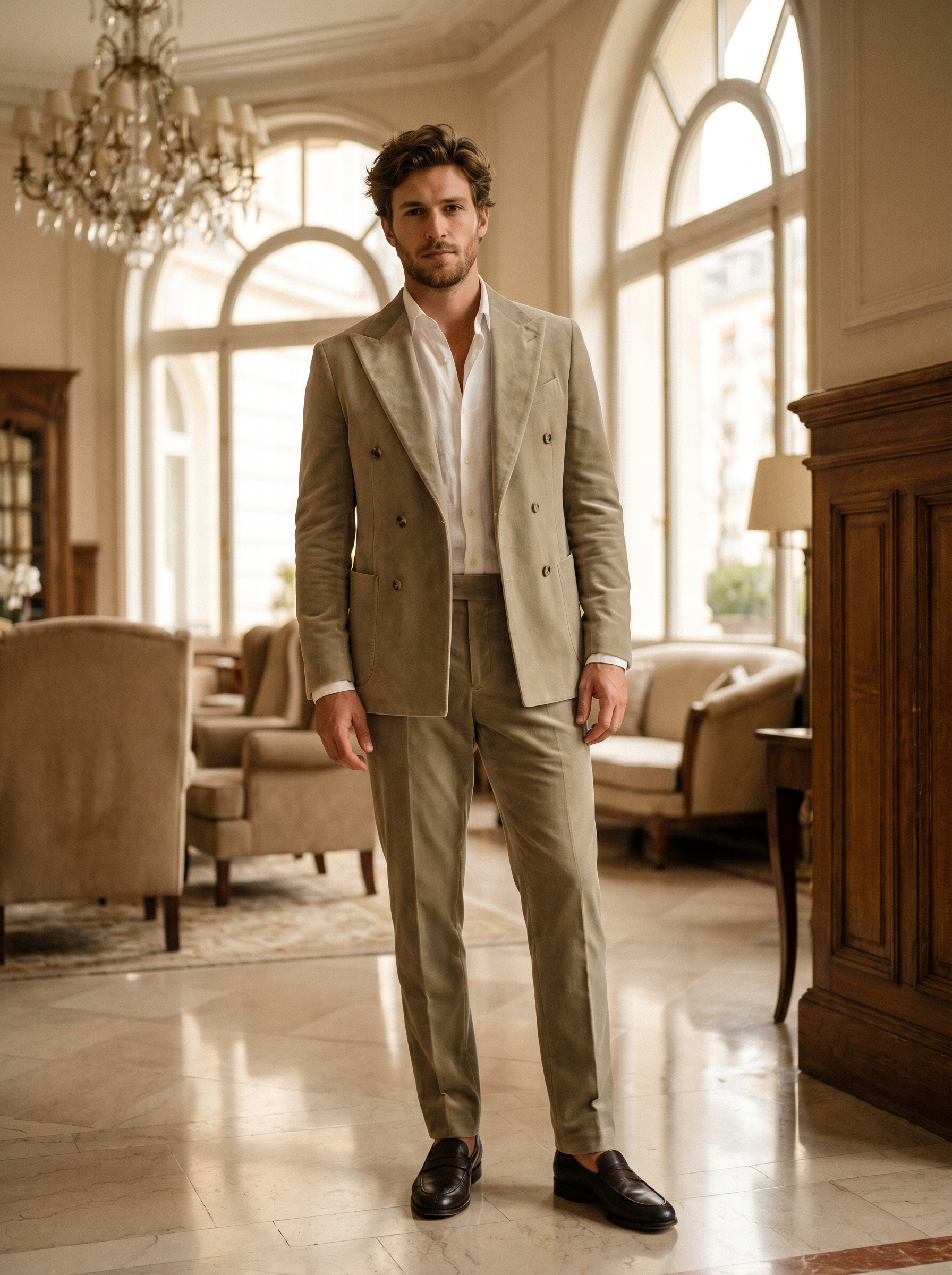 Sage Beige Velvet Double Breasted Suit — Custom Made to Measure - front view
