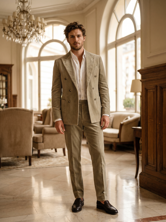 Sage Beige Velvet Double Breasted Suit — Custom Made to Measure - front view