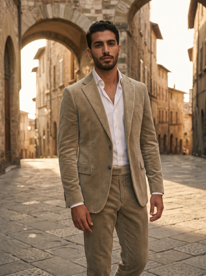 Sage Beige Velvet Groomsmen Suit — Custom Made to Measure - front view