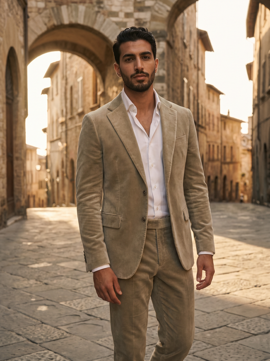 Sage Beige Velvet Groomsmen Suit — Custom Made to Measure - front view
