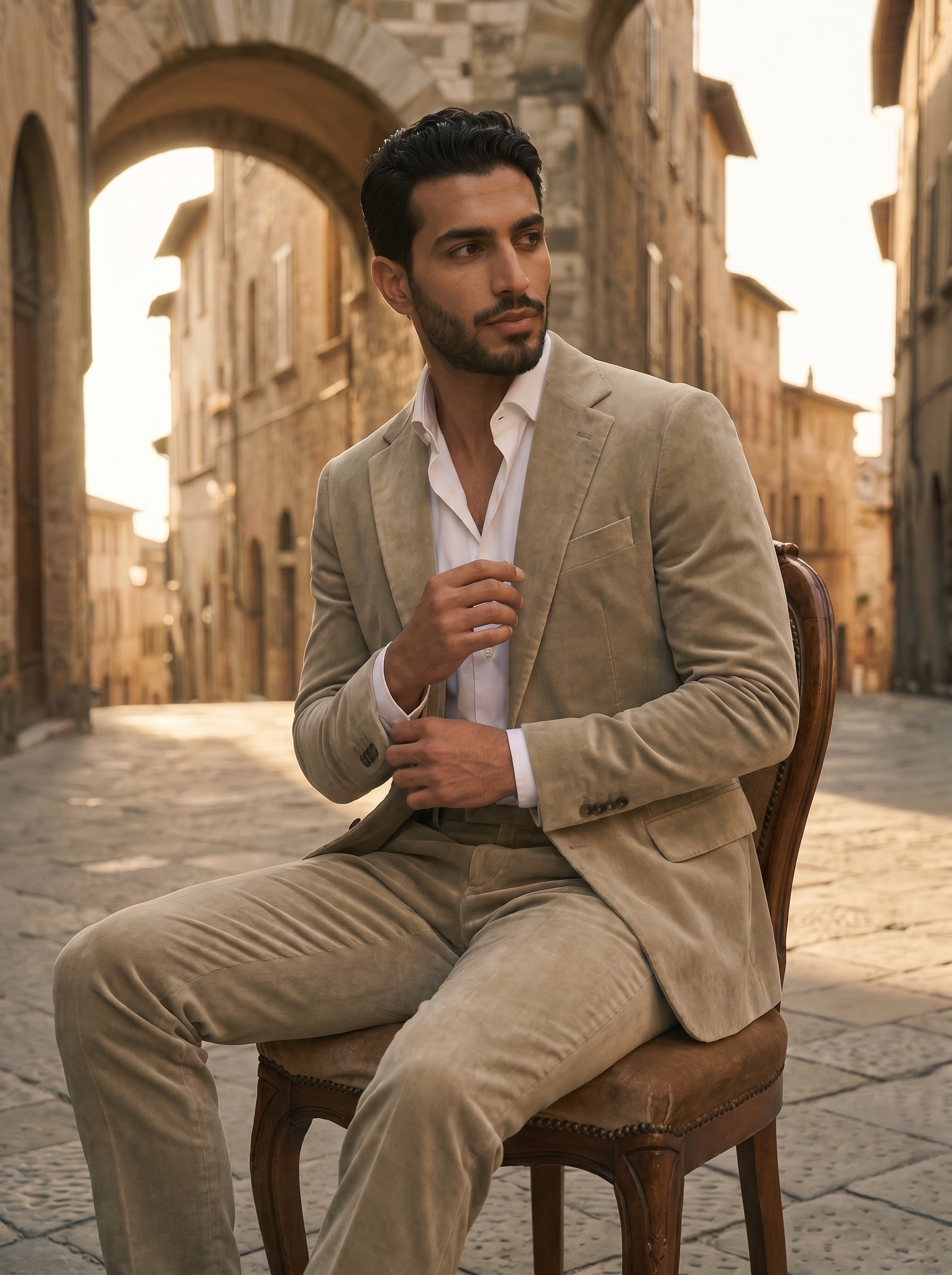Sage Beige Velvet Groomsmen Suit — Custom Made to Measure - seated view