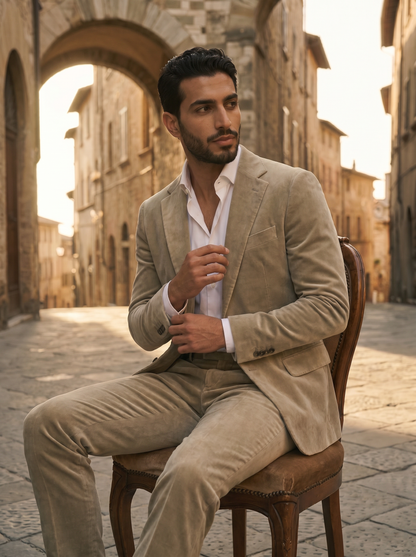 Sage Beige Velvet Groomsmen Suit — Custom Made to Measure - seated view