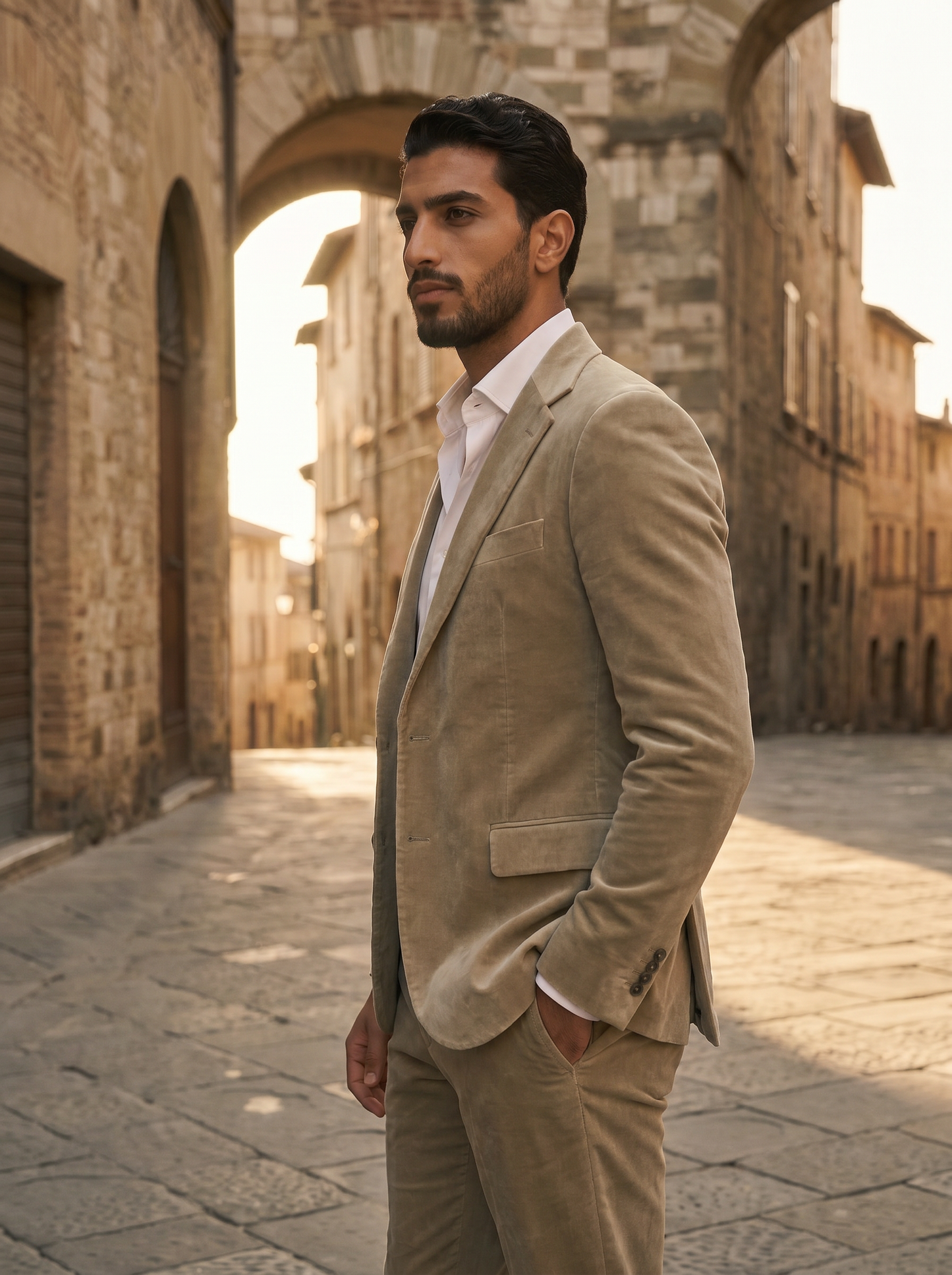 Sage Beige Velvet Groomsmen Suit — Custom Made to Measure - side view
