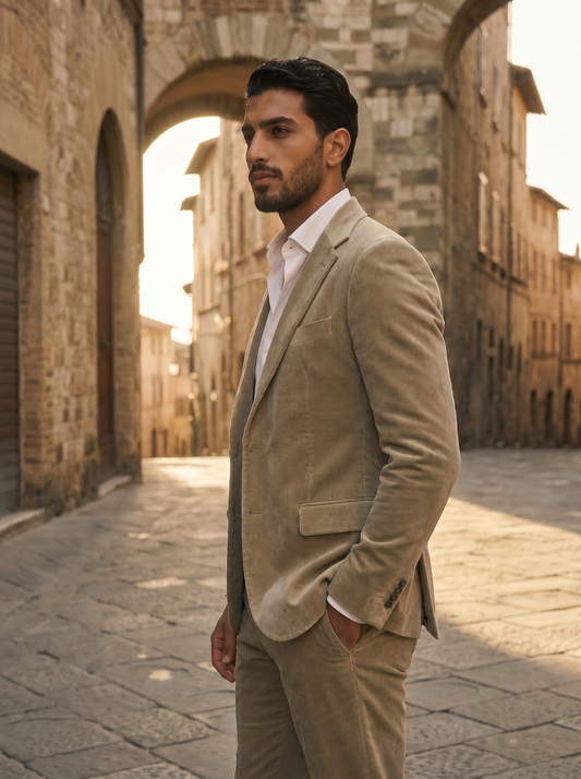 Sage Beige Velvet Groomsmen Suit — Custom Made to Measure - side view