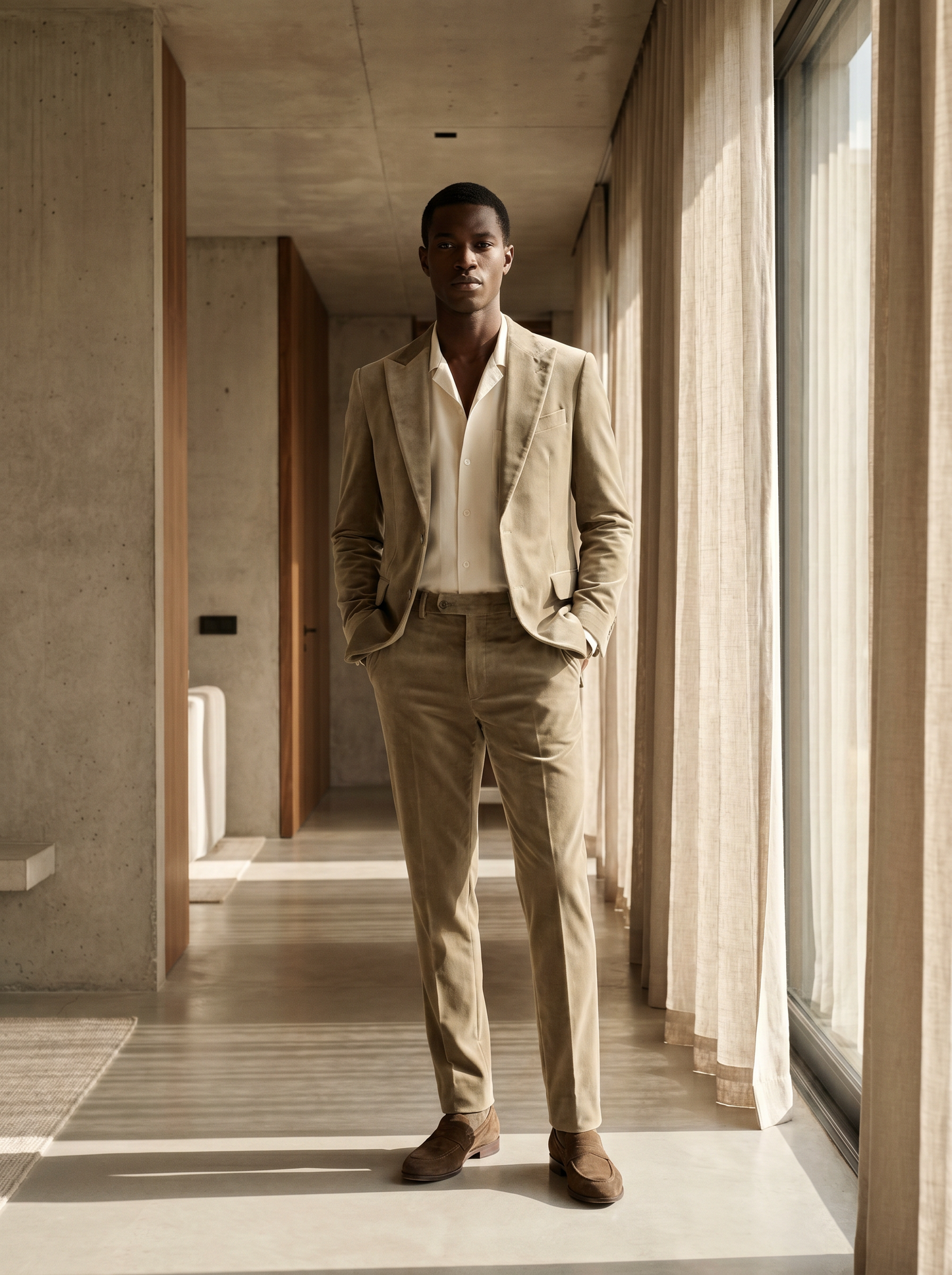 Sage Beige Velvet Suit — Custom Made to Measure - front view
