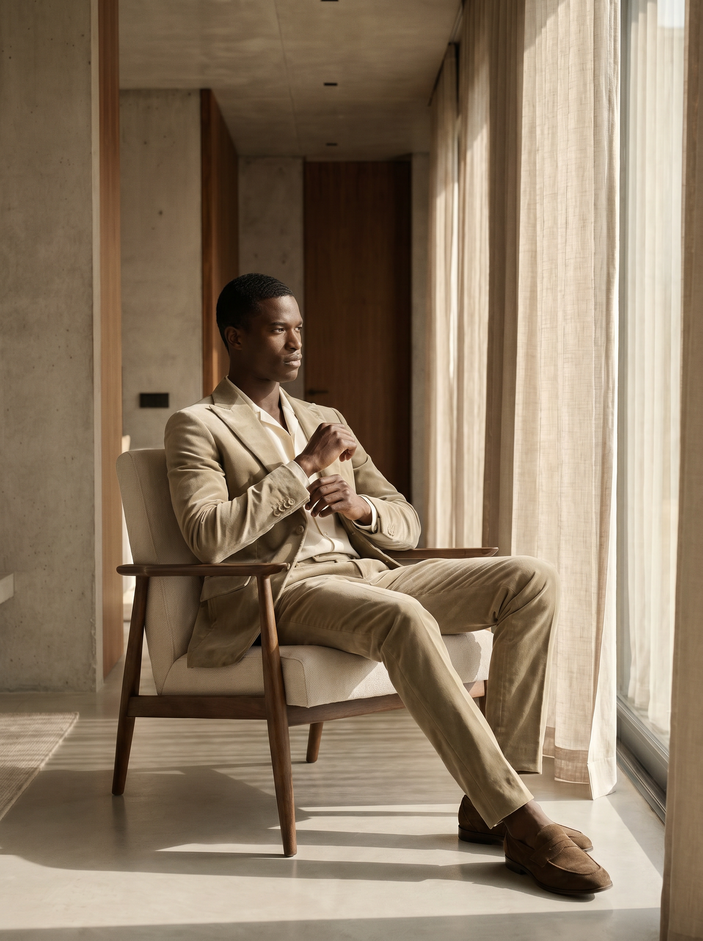 Sage Beige Velvet Suit — Custom Made to Measure - seated view
