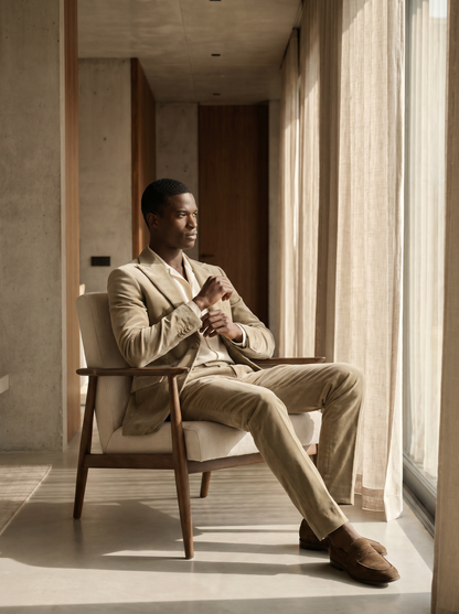 Sage Beige Velvet Suit — Custom Made to Measure - seated view