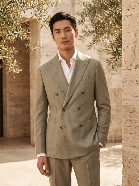 Sage Beige Wool Double Breasted Suit — Custom Made to Measure - front view