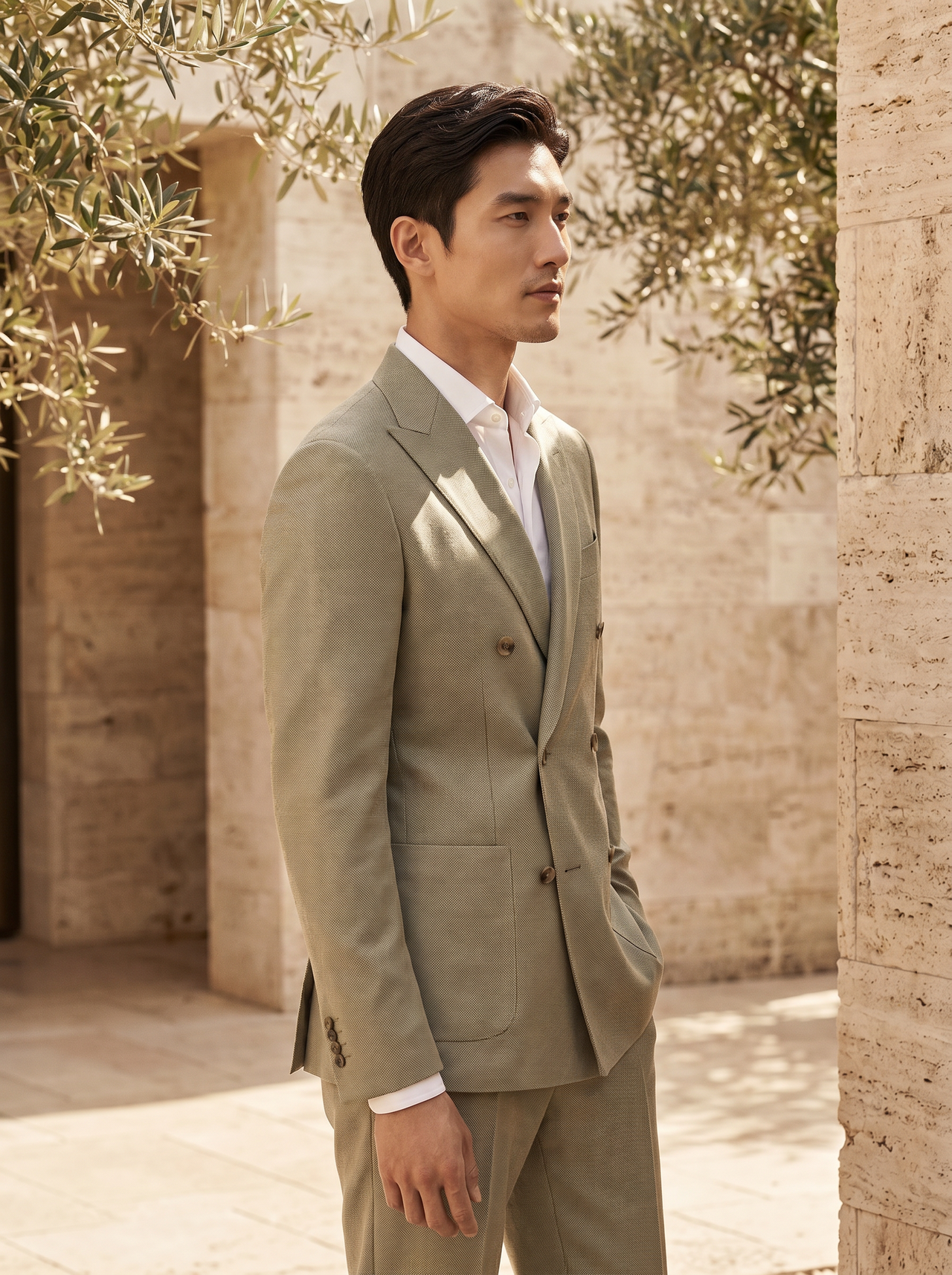 Sage Beige Wool Double Breasted Suit — Custom Made to Measure - side view