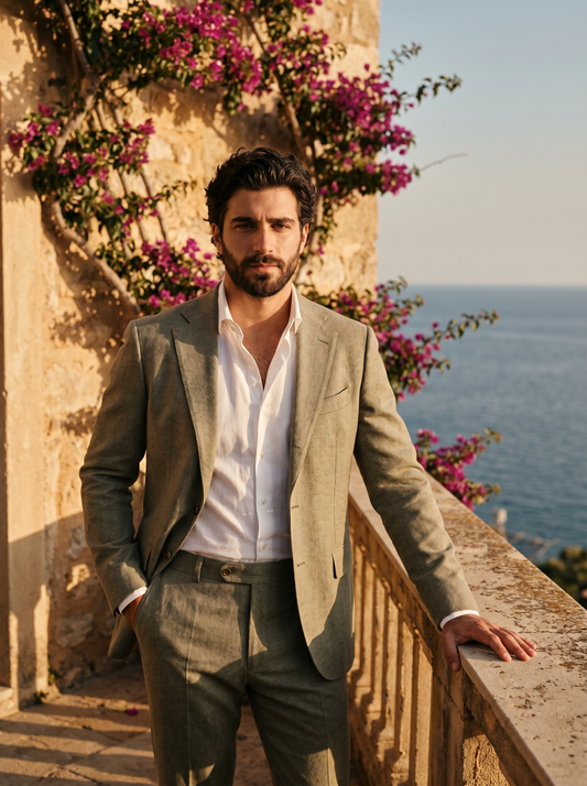 Sage Beige Wool Groomsmen Suit — Custom Made to Measure - front view