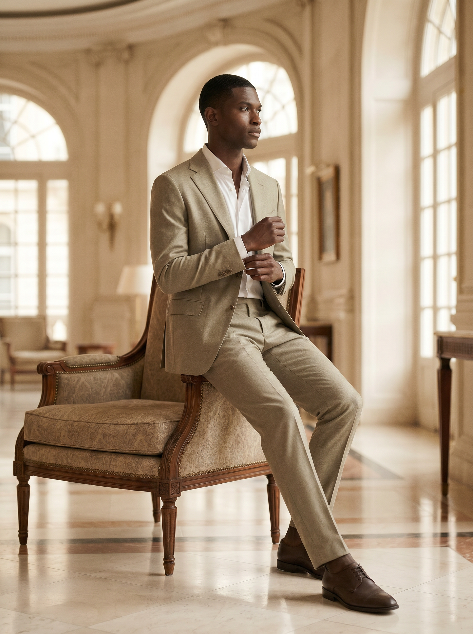 Sage Beige Wool Suit — Custom Made to Measure - seated view