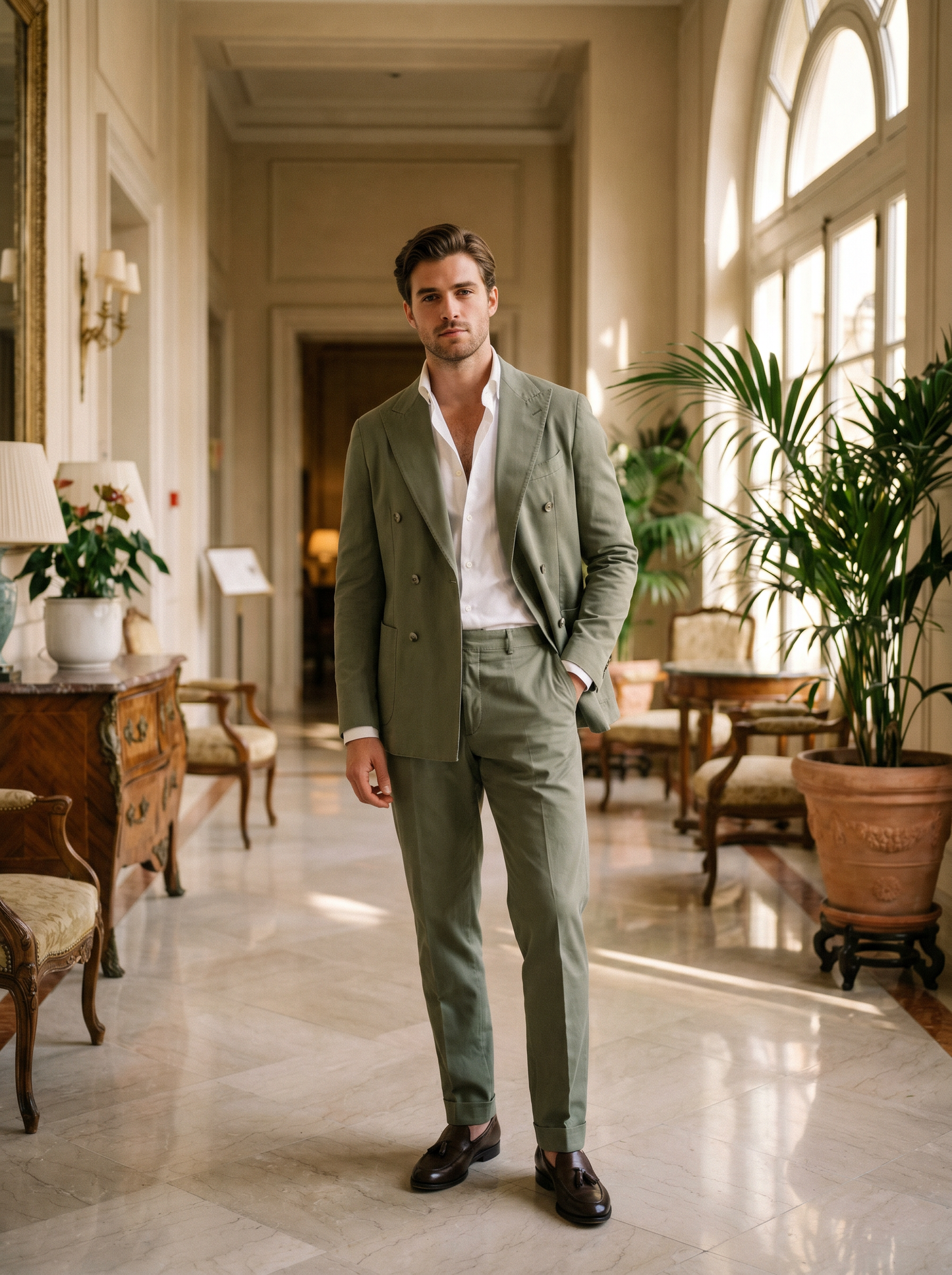 Sage Green Cotton Double Breasted Suit — Custom Made to Measure - front view