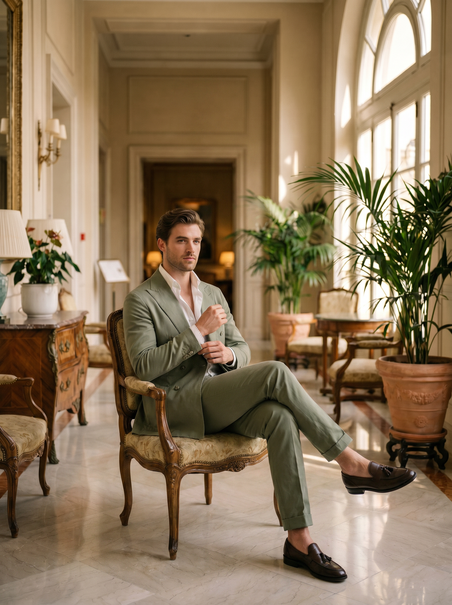 Sage Green Cotton Double Breasted Suit — Custom Made to Measure - seated view
