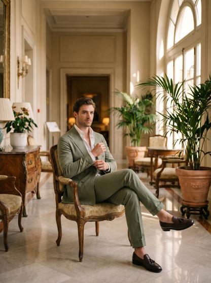 Sage Green Cotton Double Breasted Suit — Custom Made to Measure - seated view