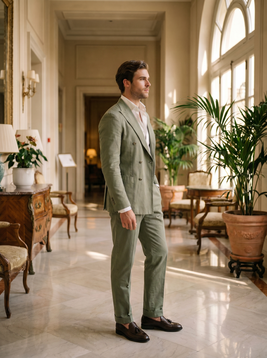 Sage Green Cotton Double Breasted Suit — Custom Made to Measure - side view