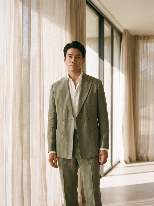 Sage Green Linen Double Breasted Suit — Custom Made to Measure - front view