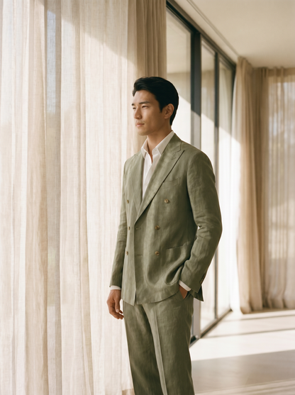 Sage Green Linen Double Breasted Suit — Custom Made to Measure - side view