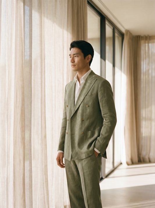 Sage Green Linen Double Breasted Suit — Custom Made to Measure - side view
