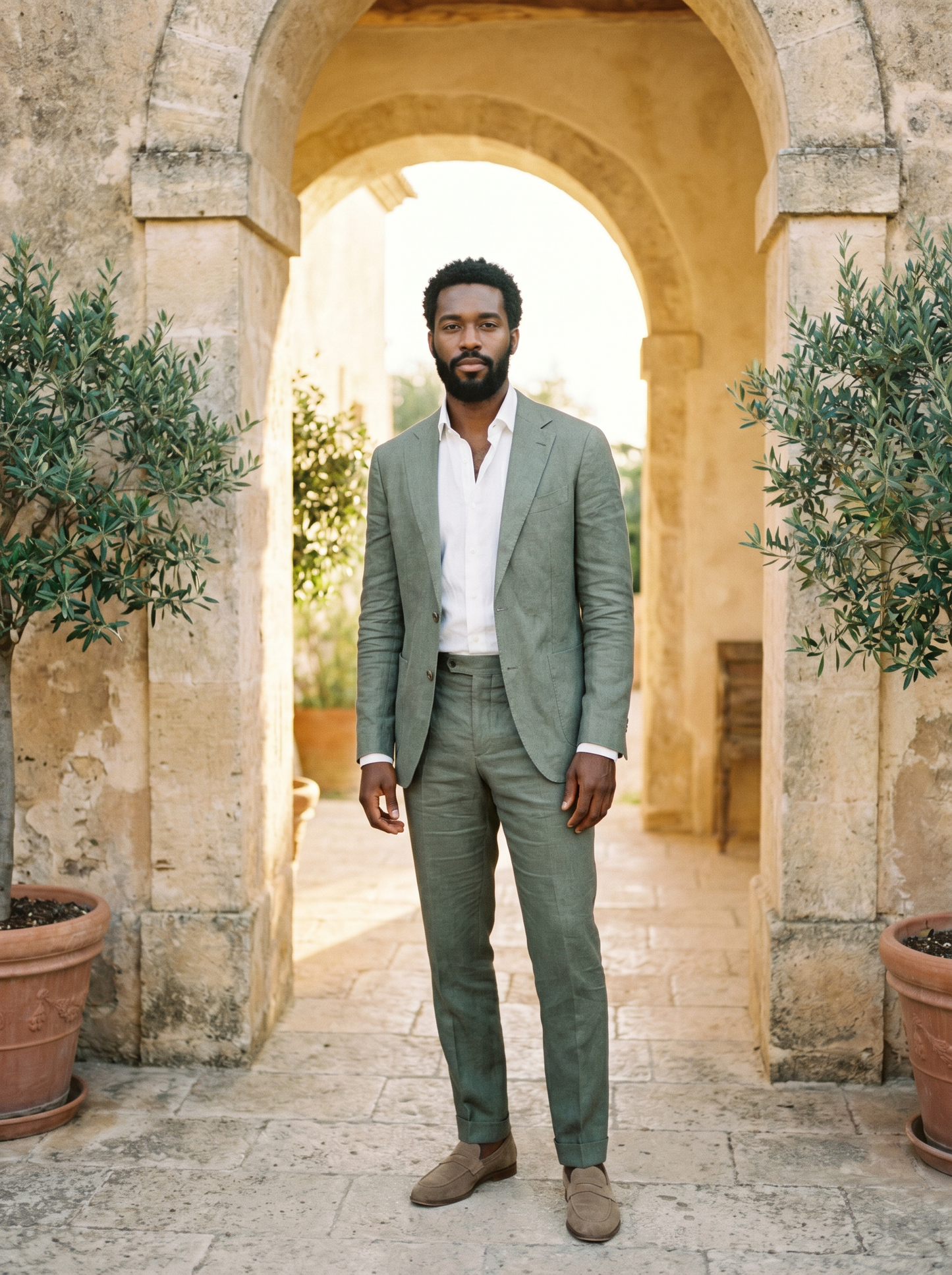 Sage Green Linen Groomsmen Suit — Custom Made to Measure - front view