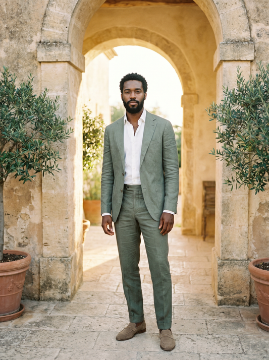 Sage Green Linen Groomsmen Suit — Custom Made to Measure - front view