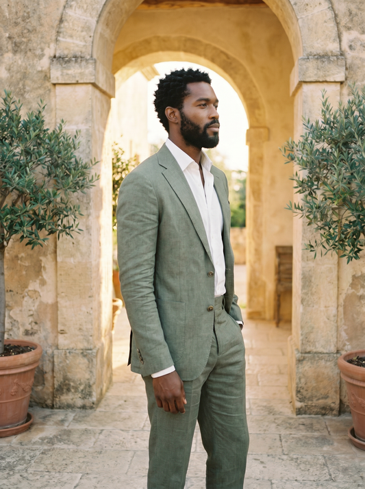 Sage Green Linen Groomsmen Suit — Custom Made to Measure - side view