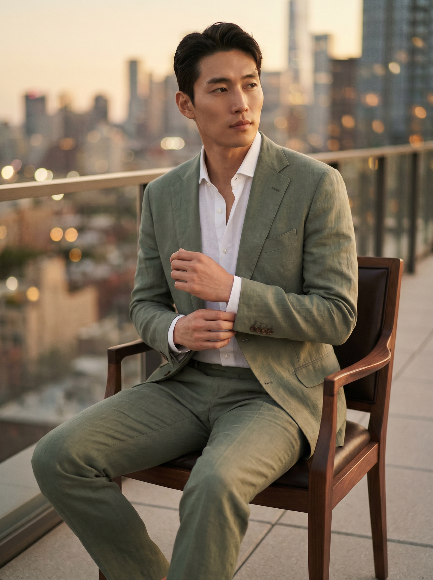 Sage Green Linen Suit — Custom Made to Measure - seated view