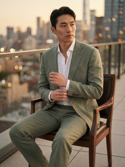 Sage Green Linen Suit — Custom Made to Measure - seated view
