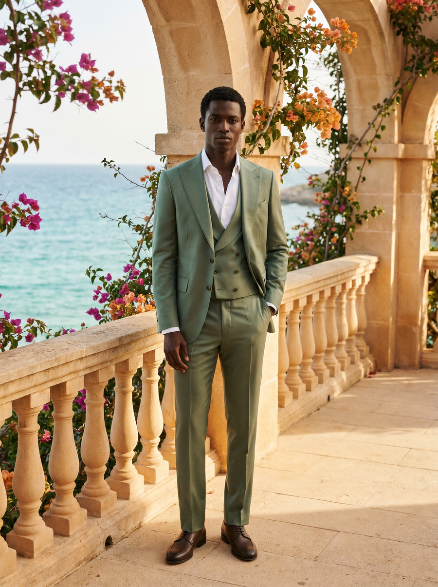 Sage Green Silk Blend 3-Piece Suit — Custom Made to Measure