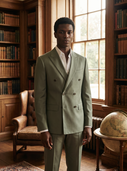Sage Green Silk Blend Double Breasted Suit — Custom Made to Measure - front view