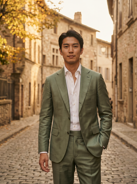 Sage Green Silk Blend Groomsmen Suit — Custom Made to Measure - front view