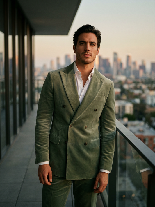Sage Green Velvet Double Breasted Suit — Custom Made to Measure - front view