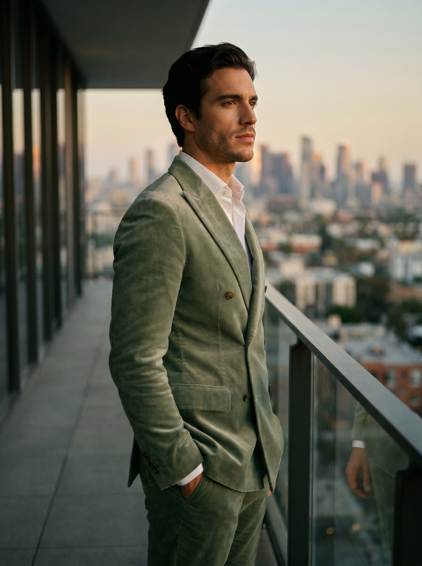 Sage Green Velvet Double Breasted Suit — Custom Made to Measure - side view