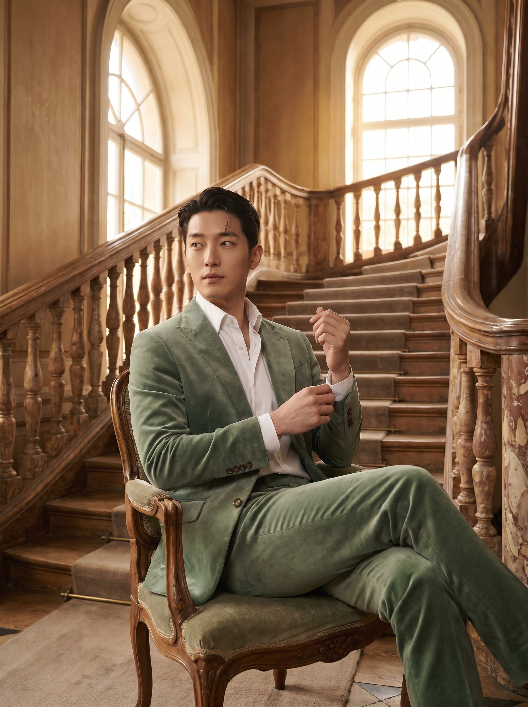 Sage Green Velvet Suit — Custom Made to Measure - seated view