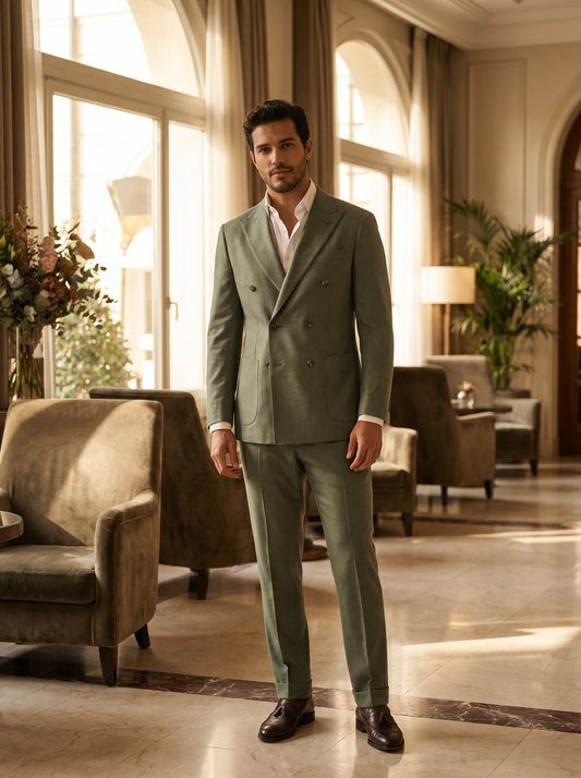 Sage Green Wool Double Breasted Suit — Custom Made to Measure - front view