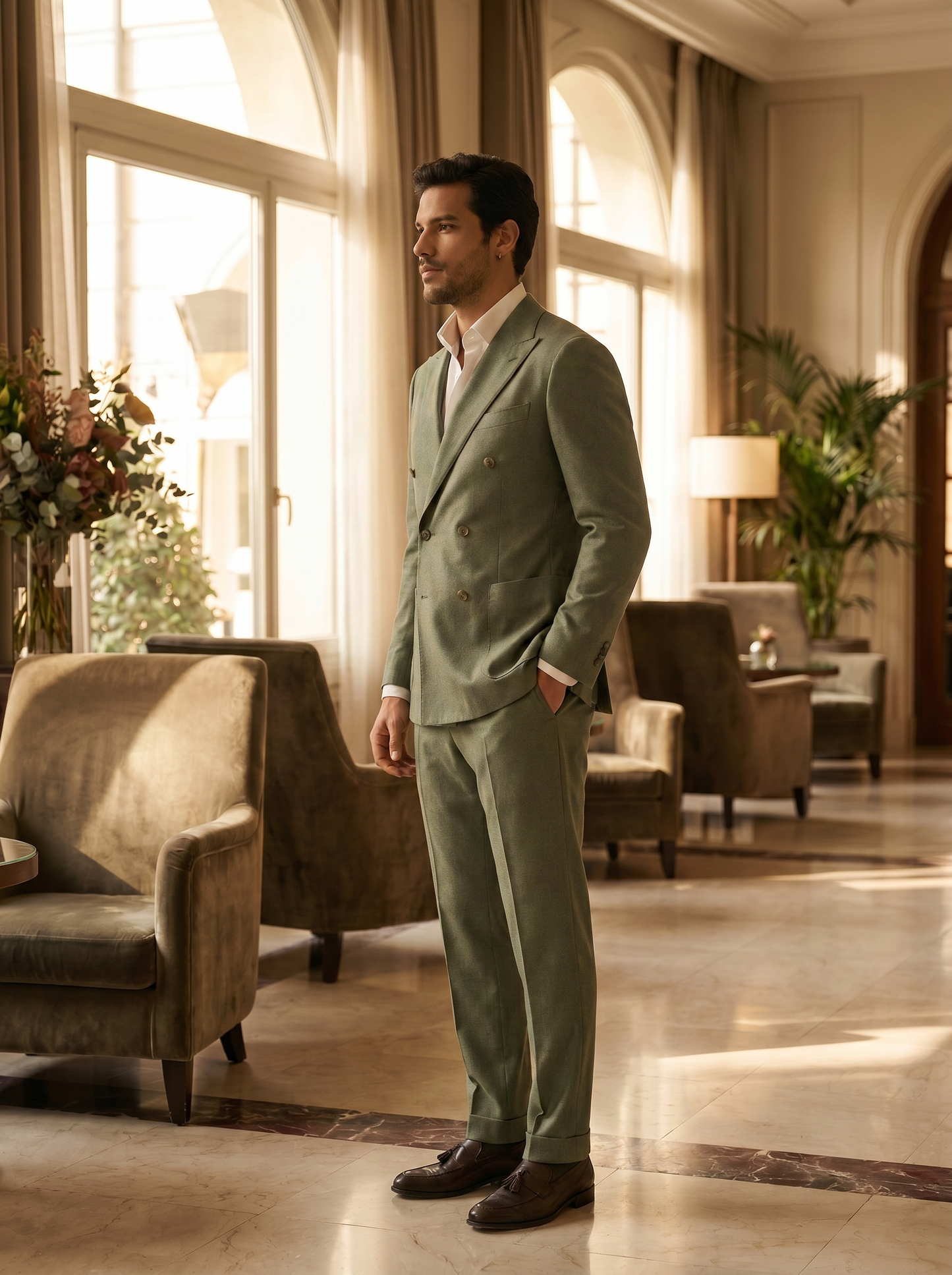 Sage Green Wool Double Breasted Suit — Custom Made to Measure - side view