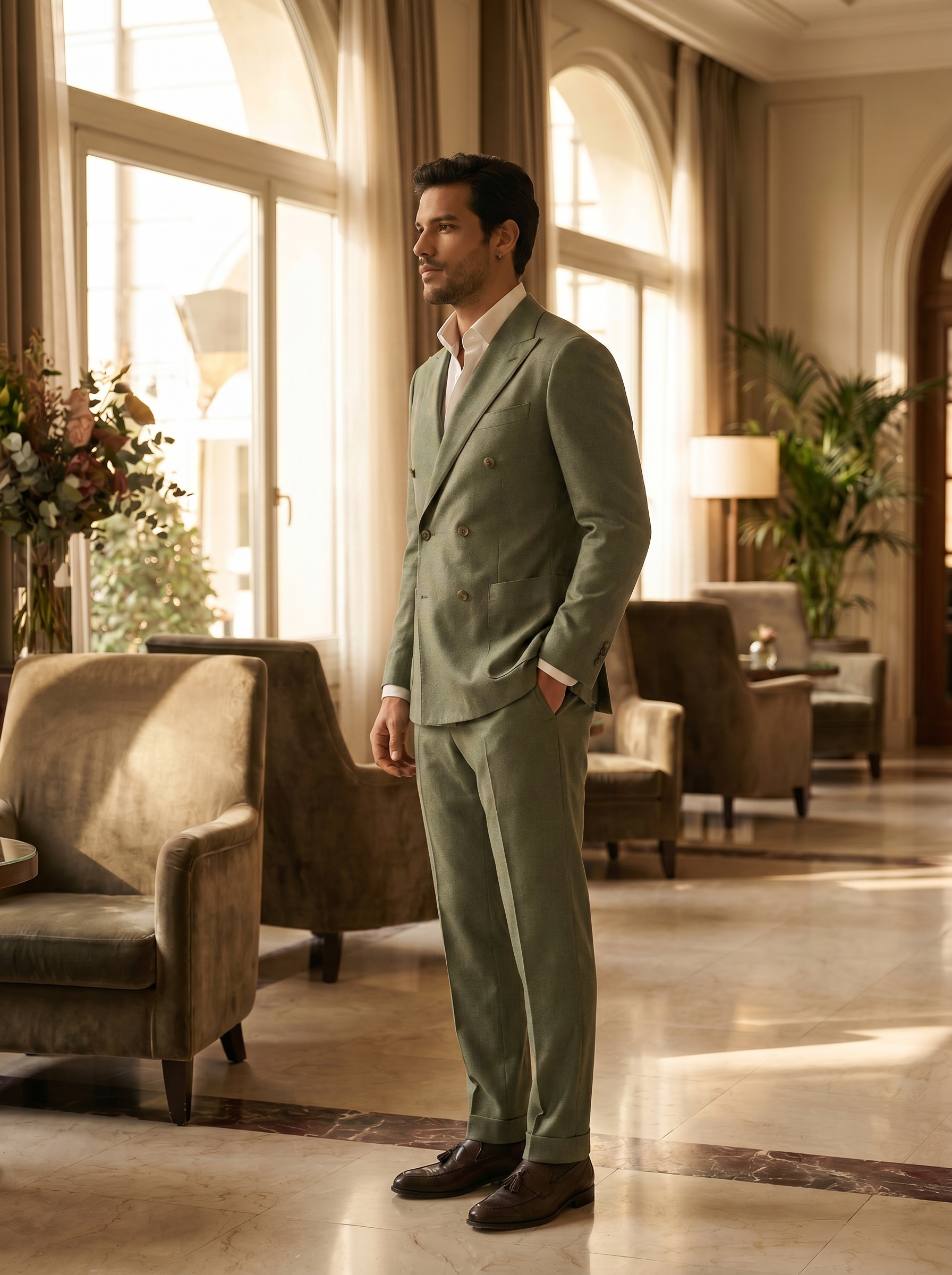Sage Green Wool Double Breasted Suit — Custom Made to Measure - side view