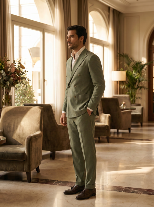 Sage Green Wool Double Breasted Suit — Custom Made to Measure - side view