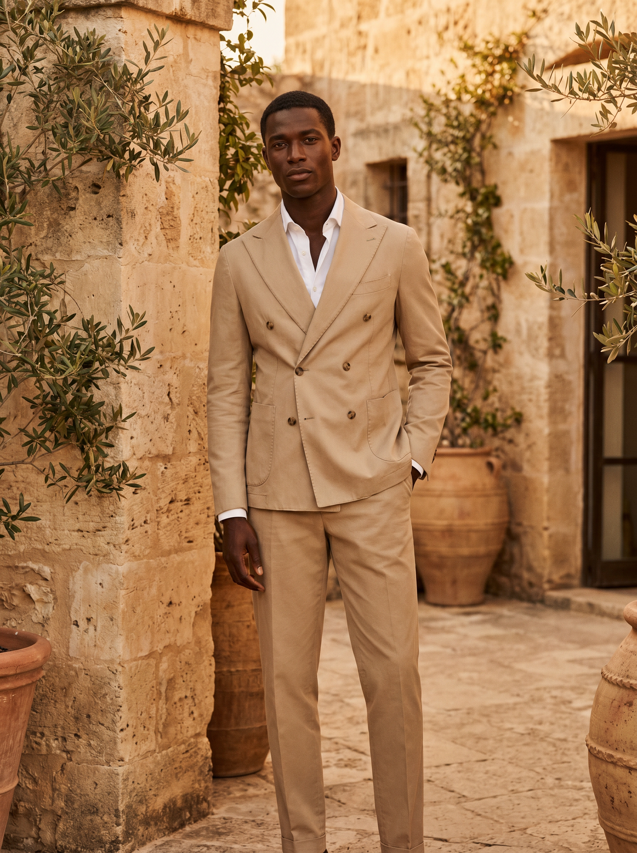 Sand Cotton Double Breasted Suit — Custom Made to Measure - front view