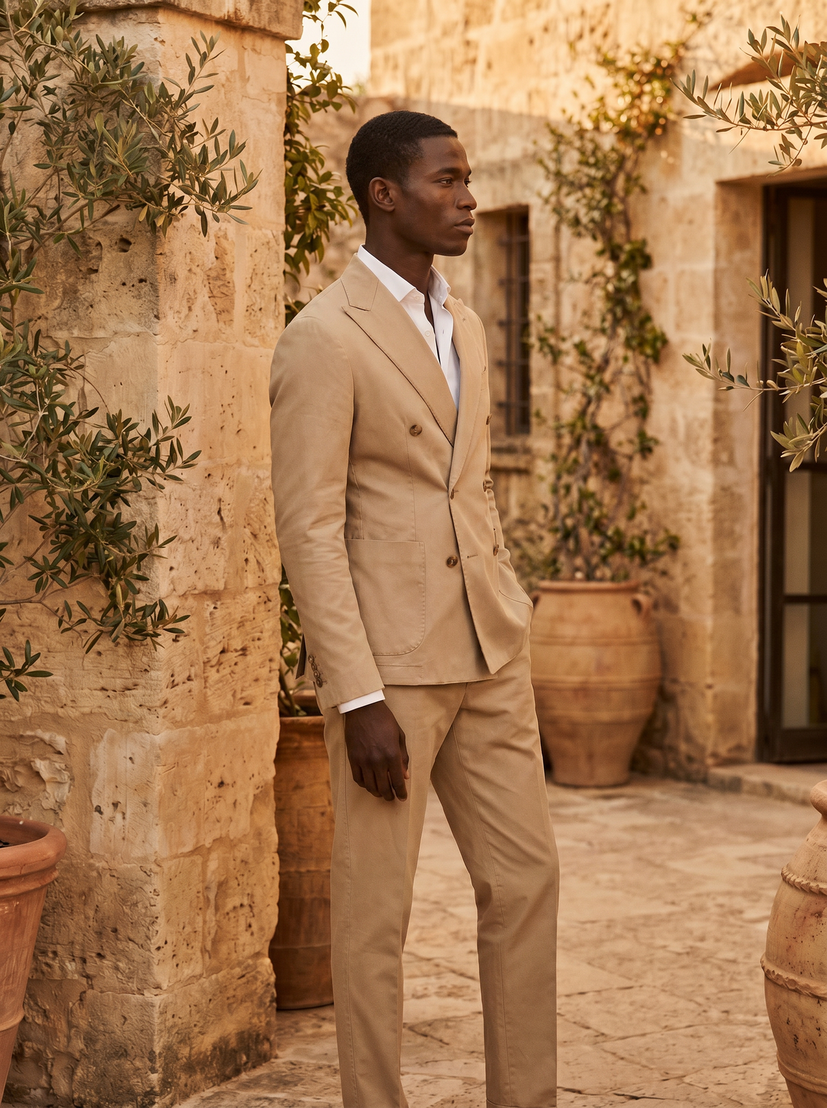 Sand Cotton Double Breasted Suit — Custom Made to Measure - side view