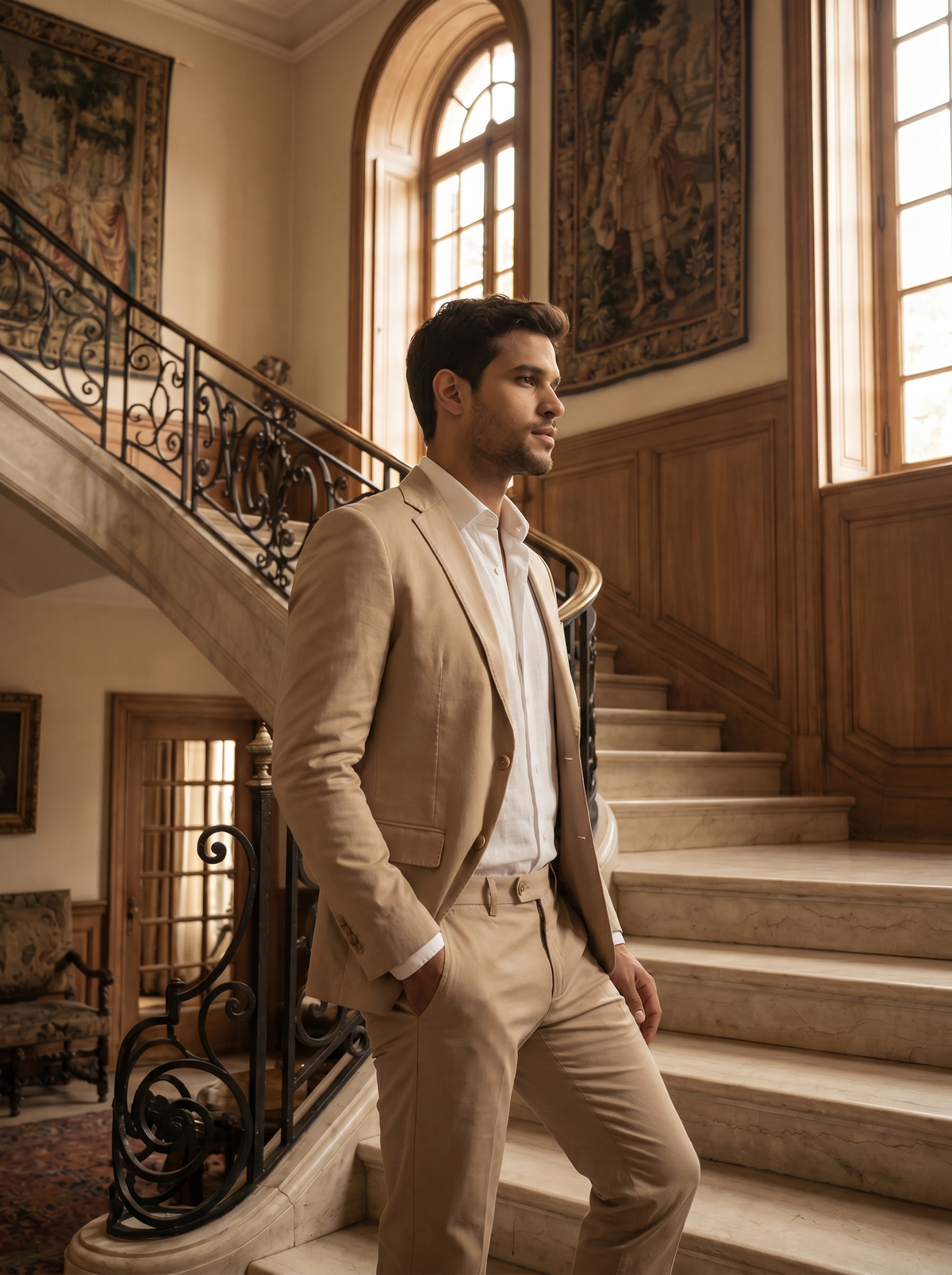 Sand Cotton Groomsmen Suit — Custom Made to Measure - side view