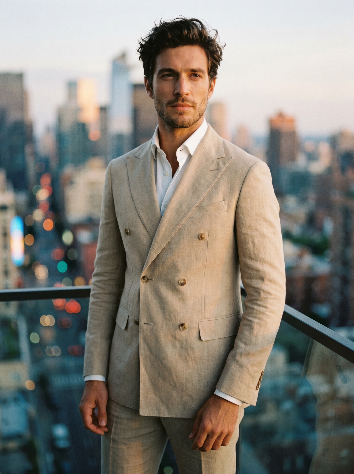 Sand Linen Double Breasted Suit — Custom Made to Measure - front view