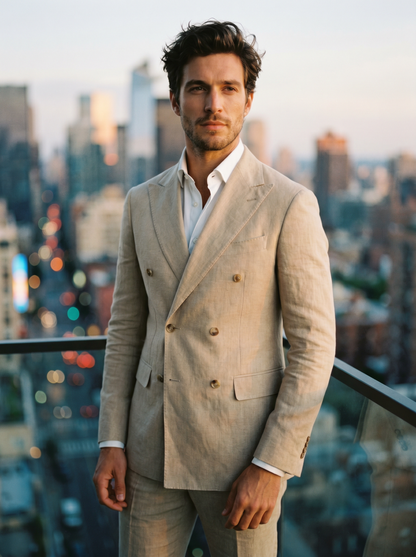 Sand Linen Double Breasted Suit — Custom Made to Measure - front view