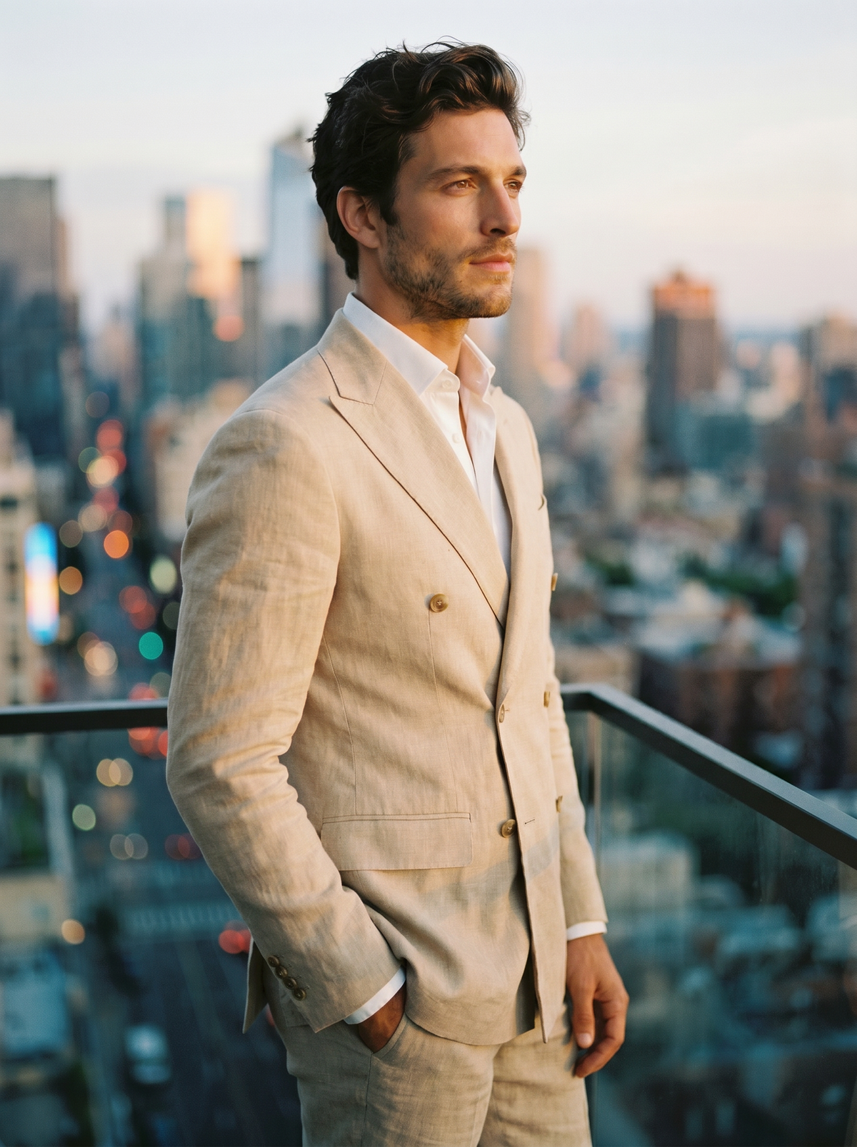 Sand Linen Double Breasted Suit — Custom Made to Measure - side view