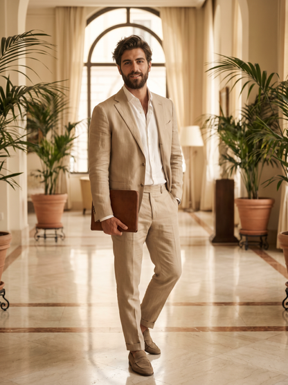 Sand Linen Groomsmen Suit — Custom Made to Measure - front view